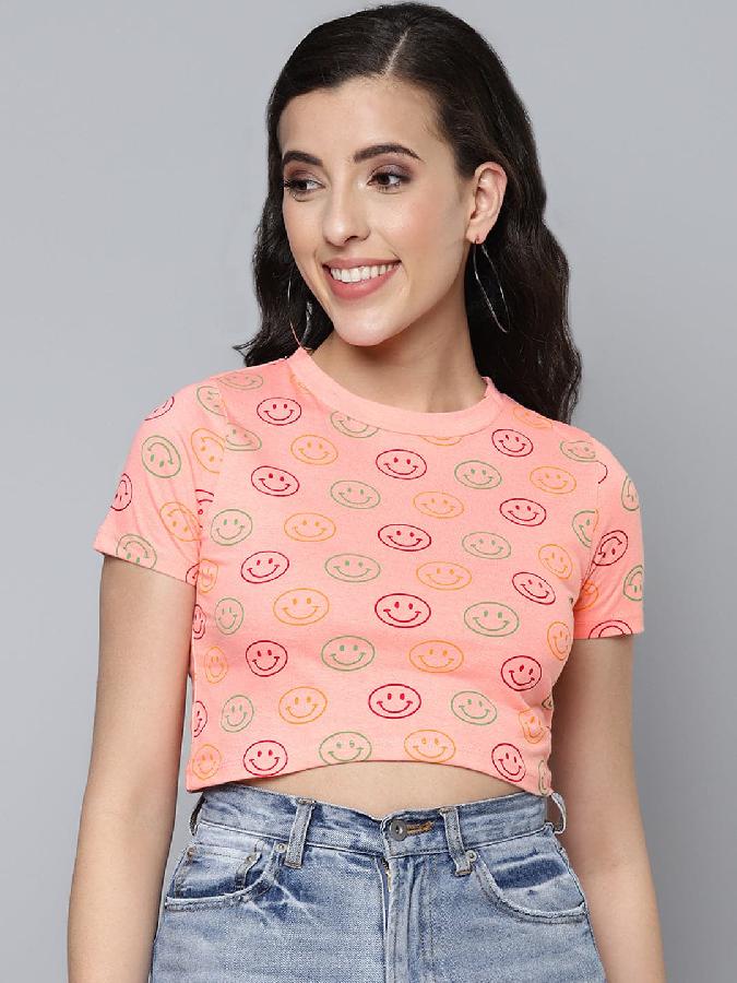 Pink Smiley Slim Fit Crop T-shirt 