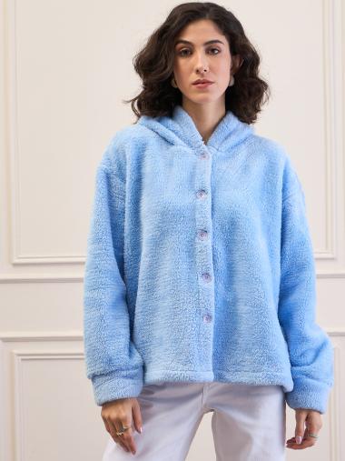 Blue Fur Button Placket Hooded Jacket