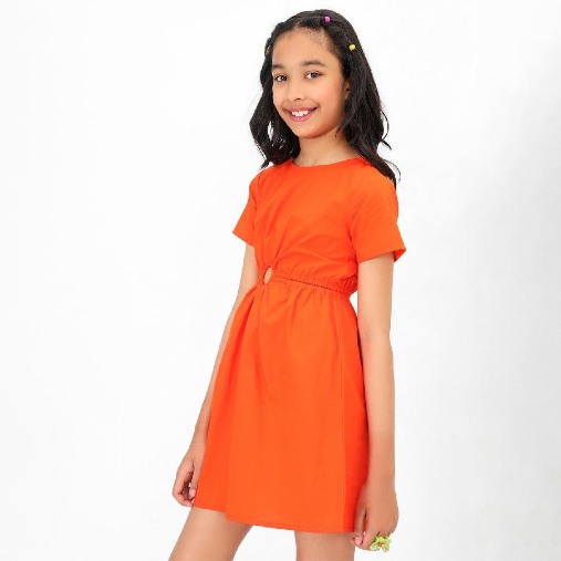 Girls Soid Cutout Structured Orange Cotton Dress