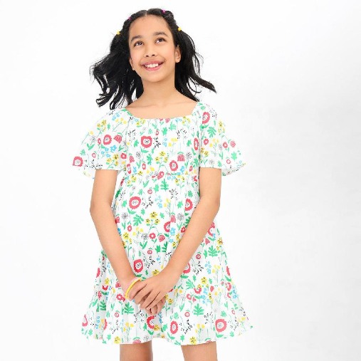 Girls Printed Smocked Multicolor Casual Cotton Dress