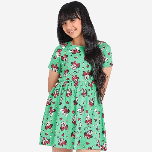 Girls Green Printed Cotton Casual Dress