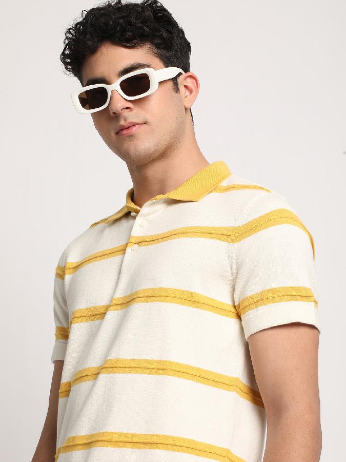 Men Cream Striped Regular Fit Polo Collar T-shirt