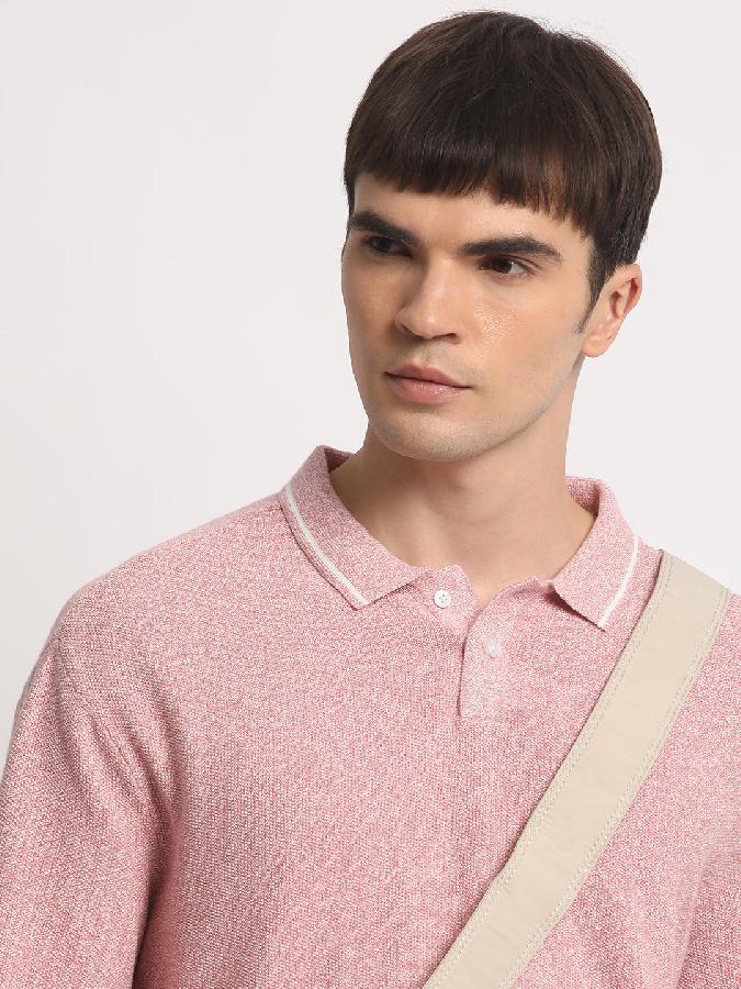 Men Pink Self Design Regular Flat knitted Polo