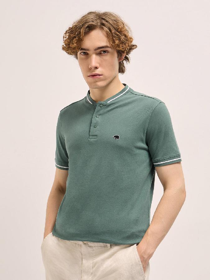 Pastel Green Solid Ribbed Collar with Contrast Tipping Regular Fit Polo