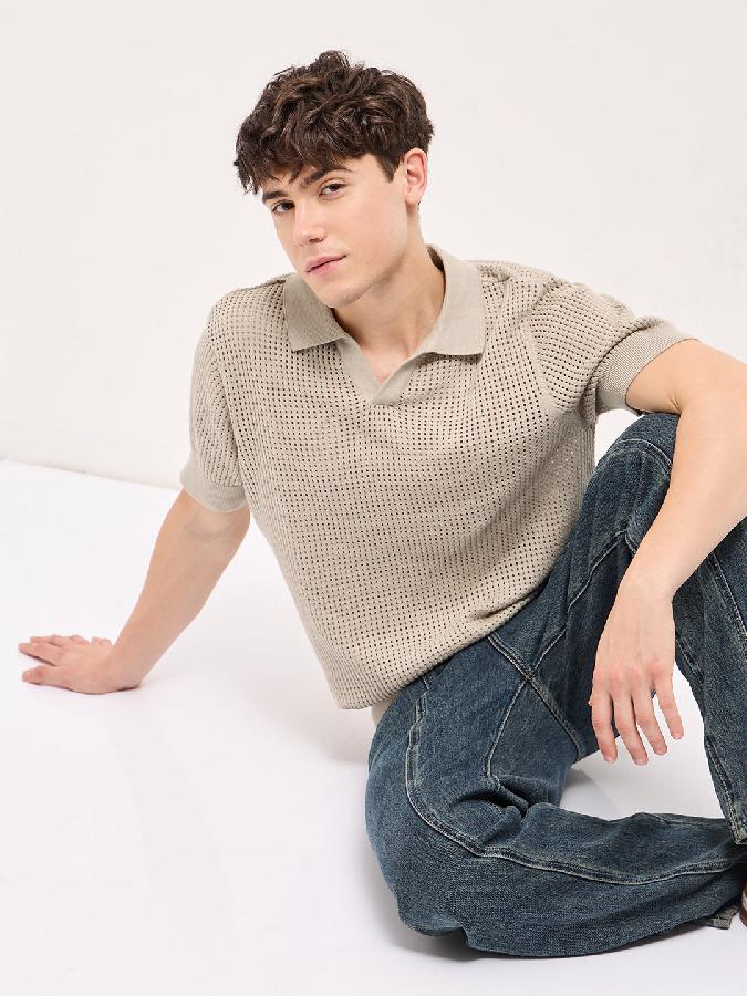 Beige Textured Knit Regular Fit Polo T-shirt