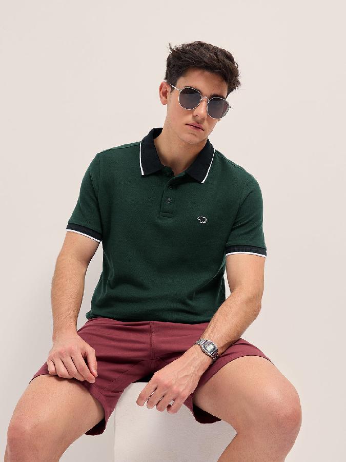 Dark Green Polo T-shirt with Contrast Collar