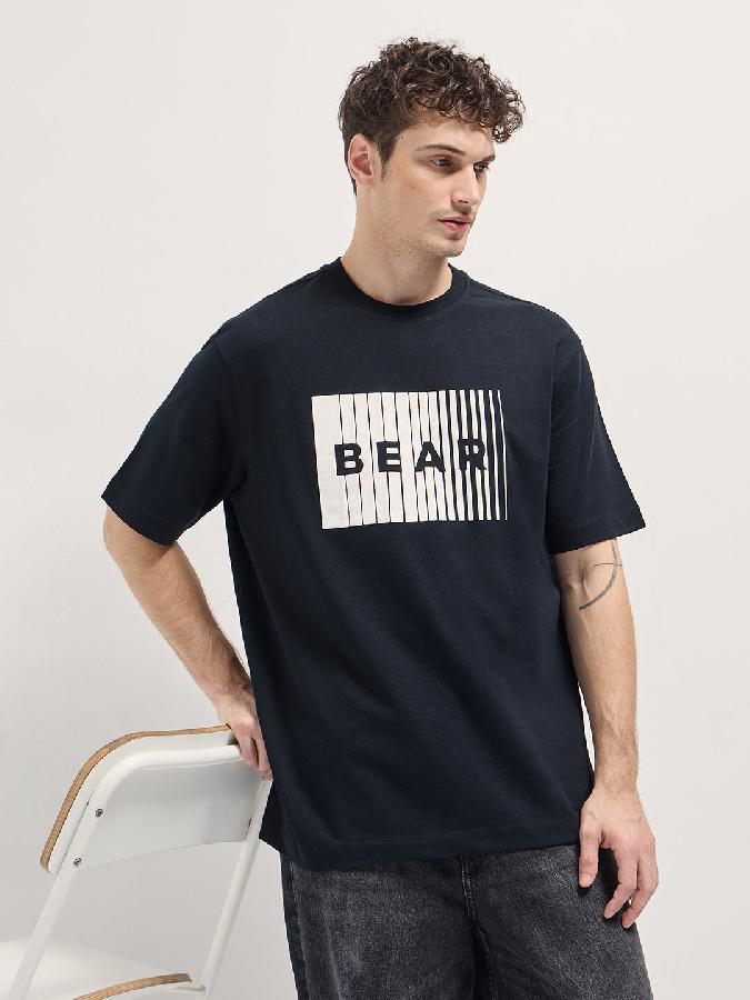 Black Monochromatic linear graphic Print Oversize Crew Neck T-shirt