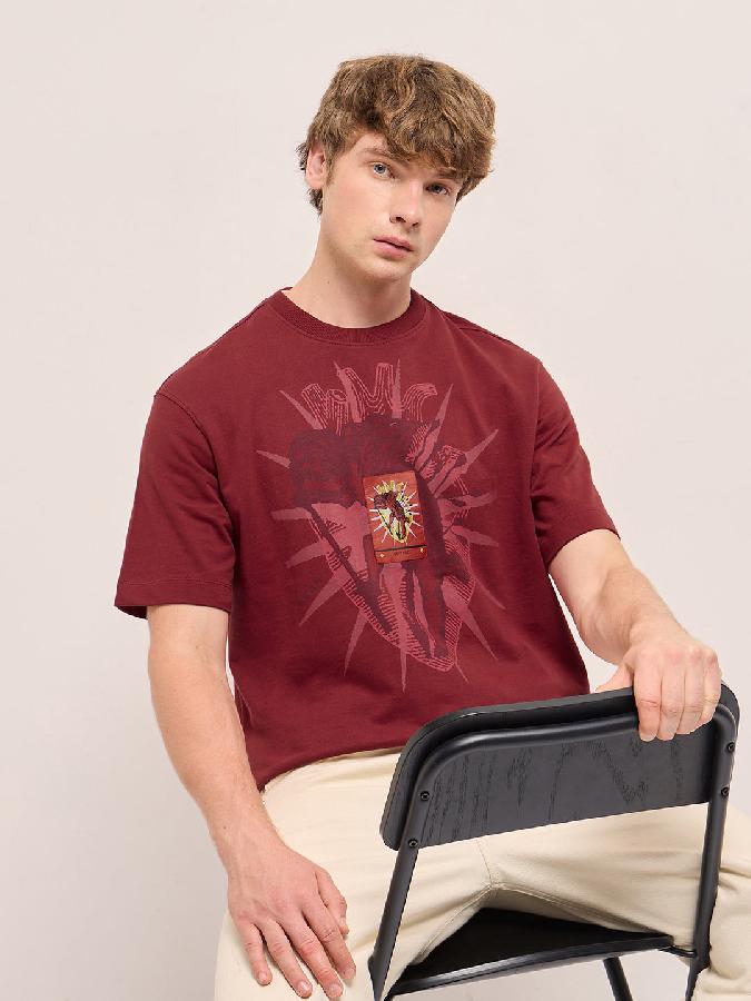 Red Oversize Abstract Heart Printed Crew Neck T-shirt