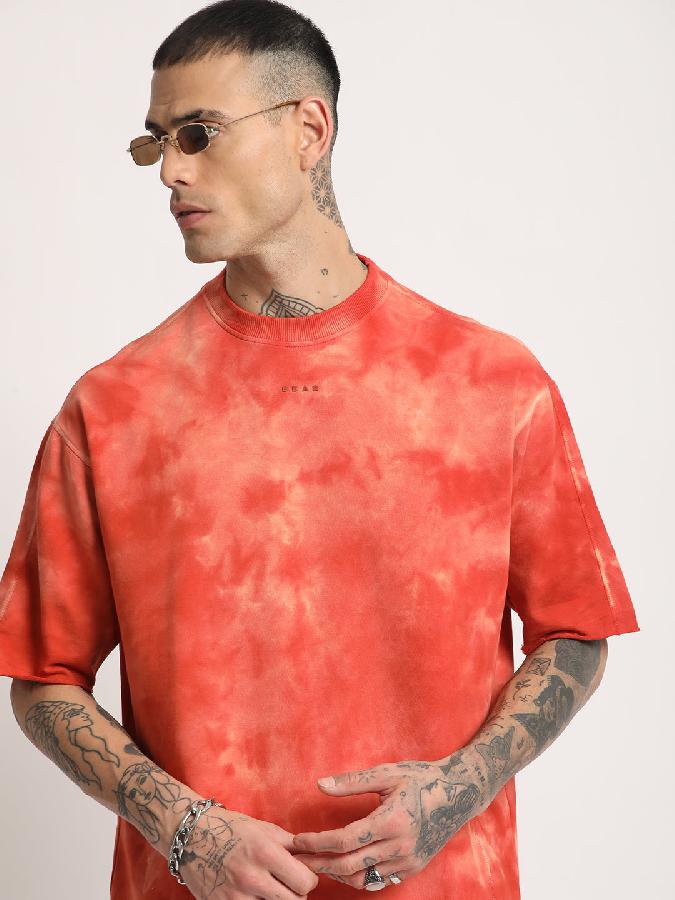 Men Orange Tie and Dye Oversized Fit Round Neck T-shirt