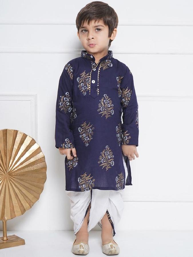 AJ DEZINES Kids Pure Cotton Full Sleeve Floral Printed Blue Dhoti Kurta Set for Boys - Ethnic Wear | Traditional | Festival Wear for boys - Regular Fit