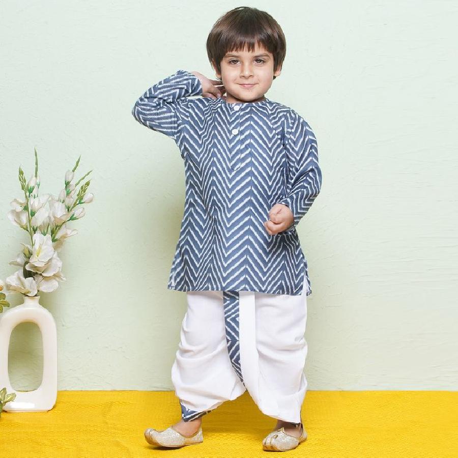 AJ DEZINES Kids Pure Cotton Full Sleeve Zigzag Printed Blue Dhoti Kurta Set for Boys - Ethnic Wear | Traditional | Festival Wear for boys - Regular Fit