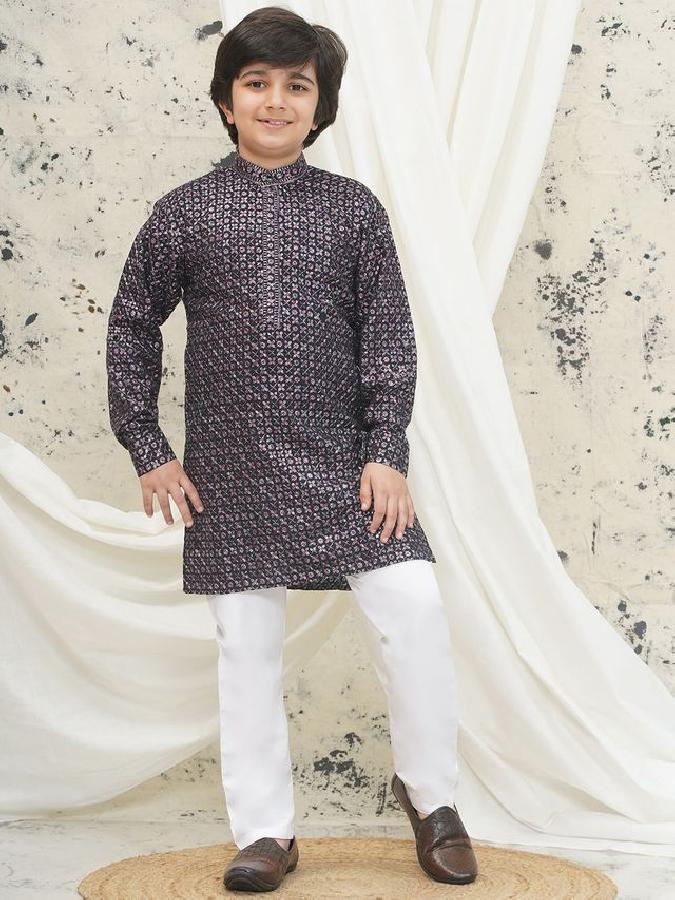 AJ DEZINES Kids Cotton Blend Full Sleeve Embroidered Purple Kurta Pajama Set for Boys - Ethnic wear | Special Occasion | Mandarin Collar - Regular Fit