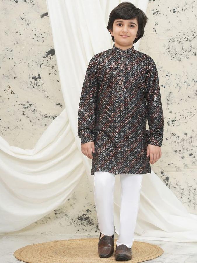 AJ DEZINES Kids Cotton Blend Full Sleeve Embroidered Green Kurta Pajama Set for Boys - Ethnic wear | Special Occasion | Mandarin Collar - Regular Fit