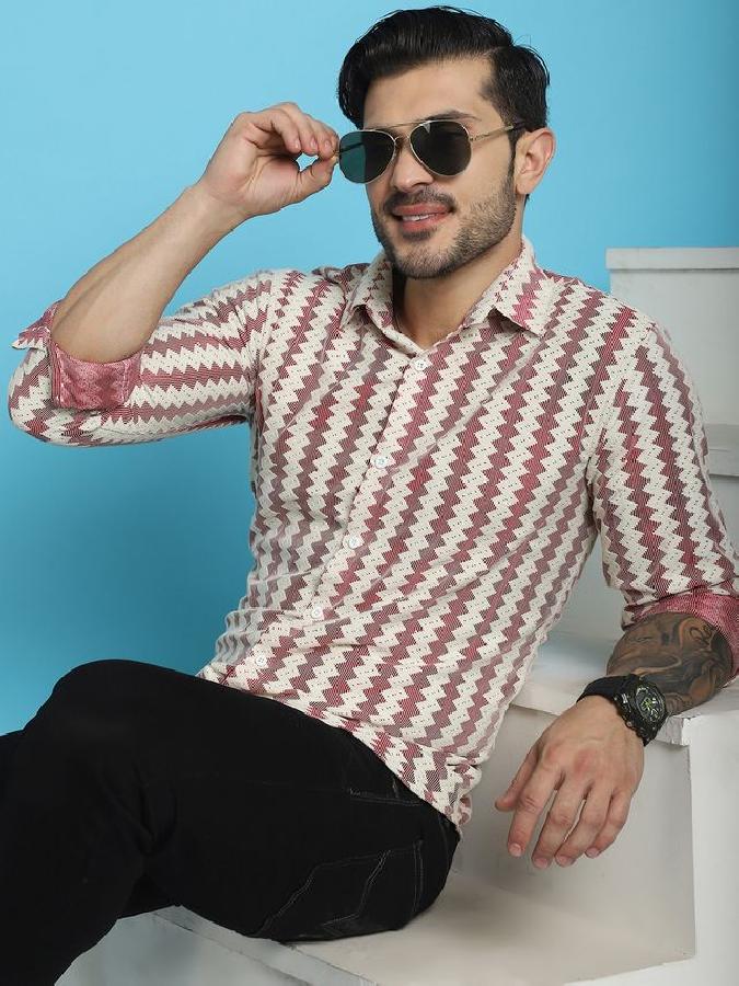 Off White and Red Woven Design  Casual shirt 